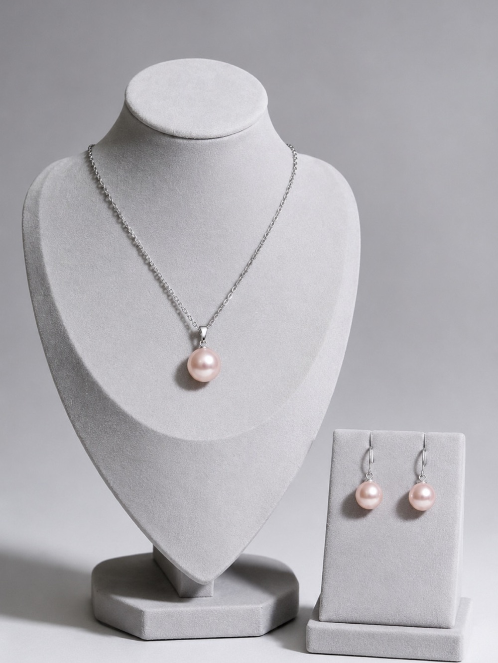 Pink Pearl Jewelry Set 12MM 18” Pendant Necklace + 10MM Drop Pearl Earrings Lux